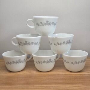 Vintage Pyrex Corning Gray Ribbon Bouquet Coffee Or Tea Cups Retired Set of 6